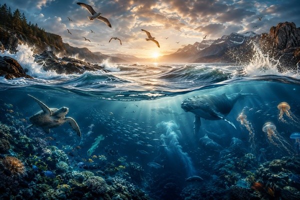 Havscene over og under vandet med hval, delfin, skildpadde, fugle og bjerge